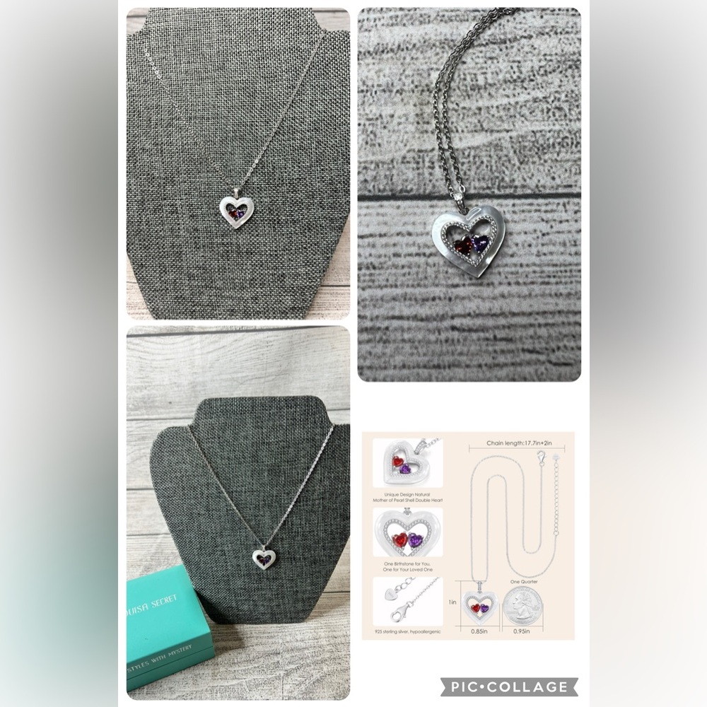 Shell Double Heart Necklace, Sterling Silver, Pendant Heart Necklace Garnet